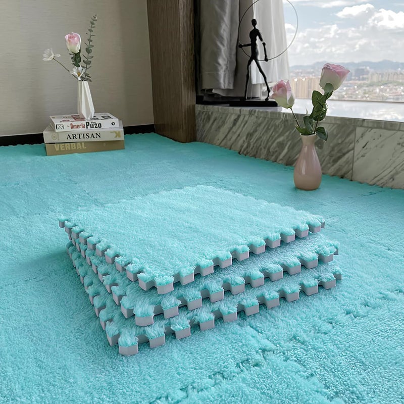 JADERLU 16pcs 0.6" Thickened Interlocking Tile Mats,Fluffy Shaggy Soft EVA Foam Area Rug for Living Room & Bedroom,Non-Slip Protective Floor Carpet Play Mat Kids Baby Dorm Home Decor (11.8ft, Blue) - Image 5